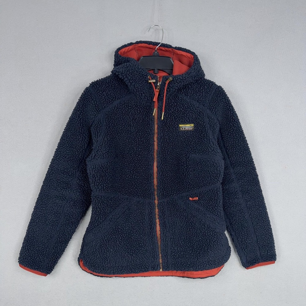 L.L.Bean Jacket Womens XS Mountain Pile Fleece Sherpa Blue Hooded Deep Pile Zip - Picture 1 of 11